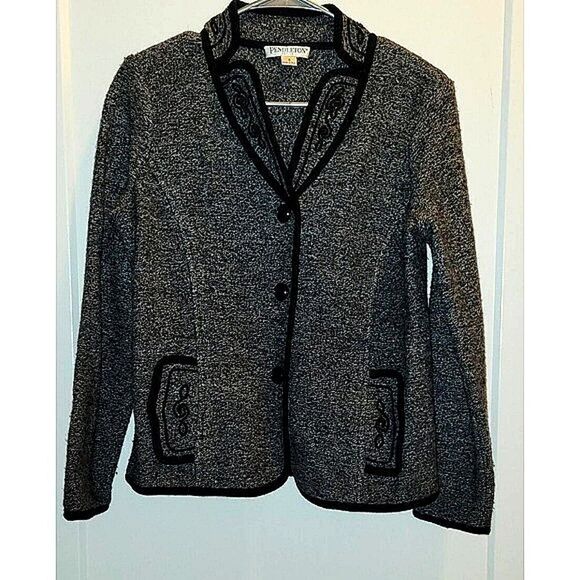 Pendleton Wool Grey Black Floral Embroidered Jacket Blazer Size S P - Picture 1 of 9